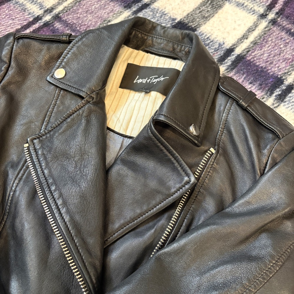 Vtg Lord & Taylor Women's Lamb Leather Biker Jacket Black Sz XS Moto  Zipper - Picture 2 of 9
